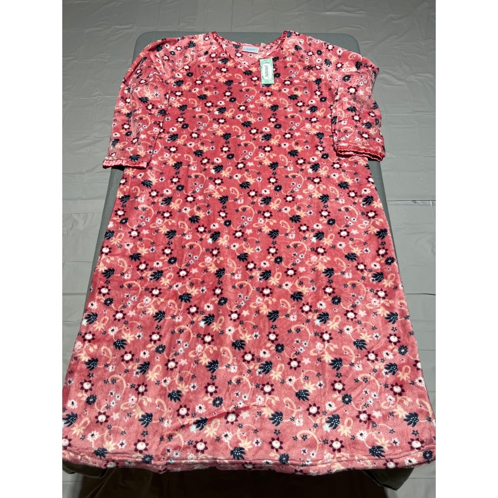 New National Pink Floral Fleece Nightgown V-Neck Ruffle 2X Sleepwear Loungewear